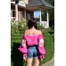 Boho Style Embroidered Offshoulder Blouse Pink with Green/White Embroidery